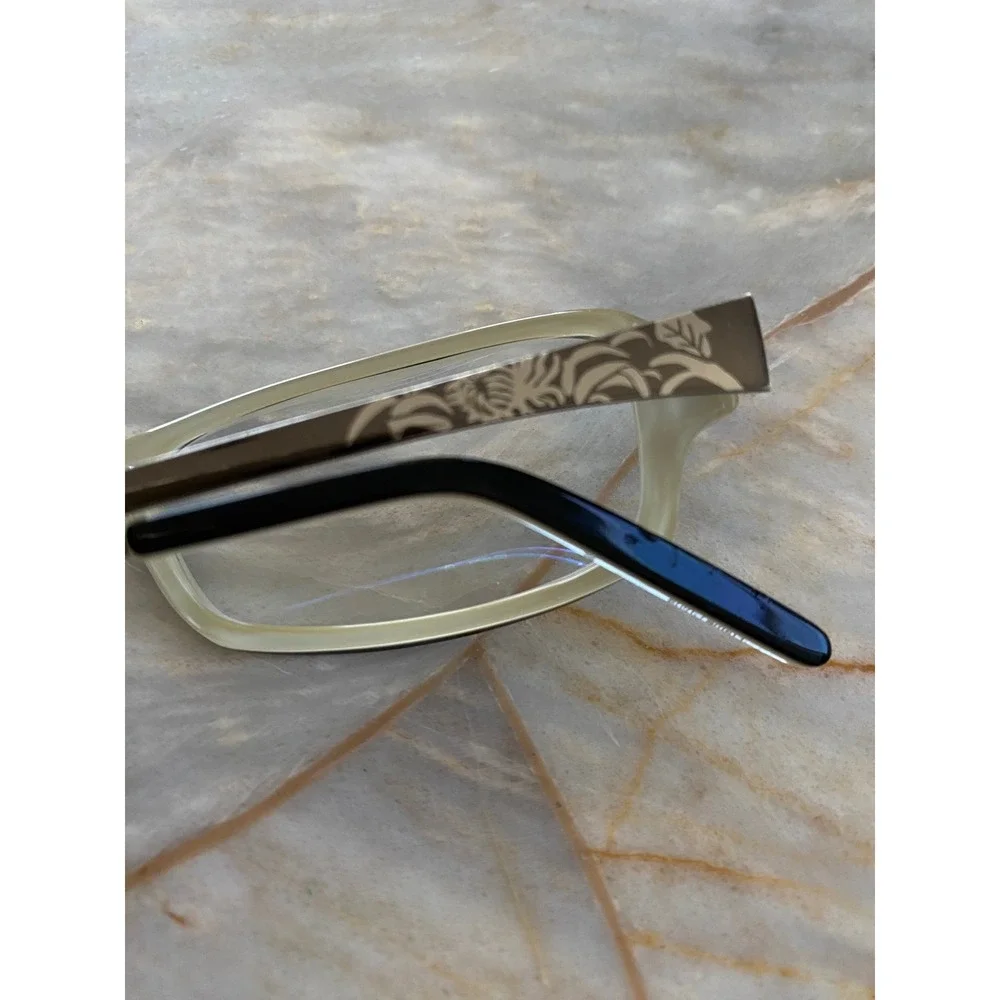 Ellen Tracy Charon Black Laminate Rectangular Eyeglasses Floral Etched Temples